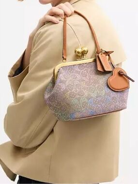 Coach Crystal Rainbow Signature Kisslock Bag with Tan Leather and Brass Hardware